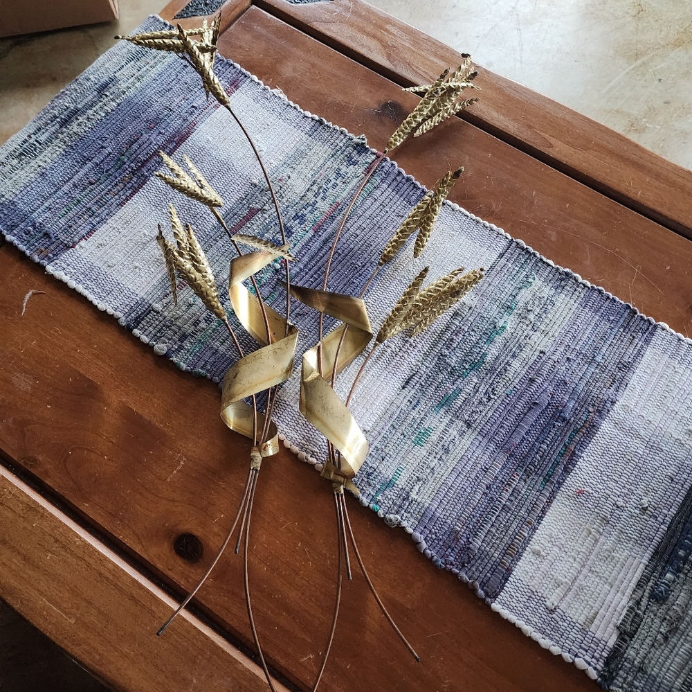 MCM Brass Wheat Stalk Wall Hangings Pair 30" Art Sculpture